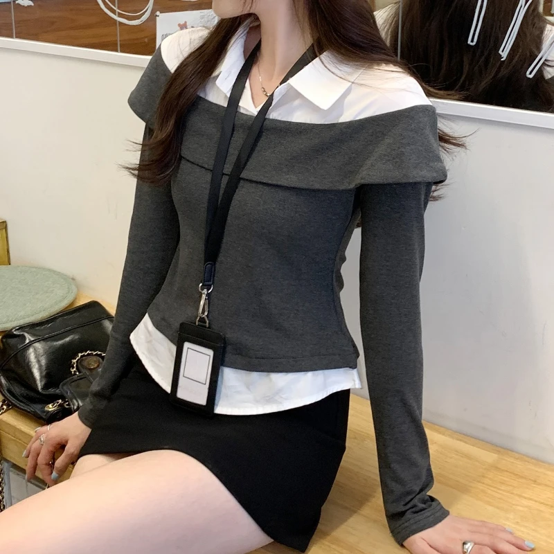 

Fashion Patchwork Fake Two-piece Women's T-shirt 2025 Autumn Long Sleeve Turndown Collar Knitted Casual Women's Tops Blouse