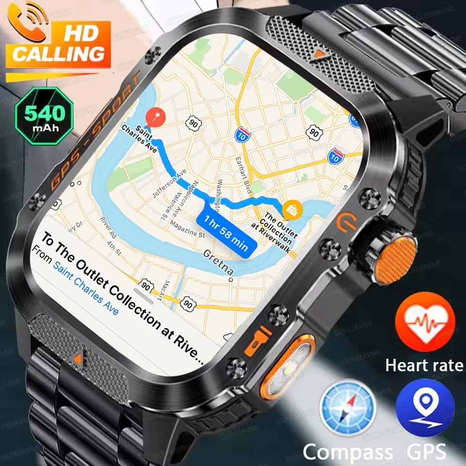 

2025 Новые GPS Смарт-часы для мужчин 2,01-дюймовый AMOLED-экран Фонарик Компас 10 АТМ Водонепроницаемые часы Спорт на открытом воздухе Плавание HD Call Smartwatch
