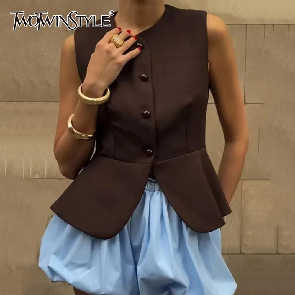 TWOTWINSTYLE Büro Geraffte Saum Tank Top für Frauen O Hals Ärmellose Patchwork Einreiher Temperament Weste Weibliche Mode