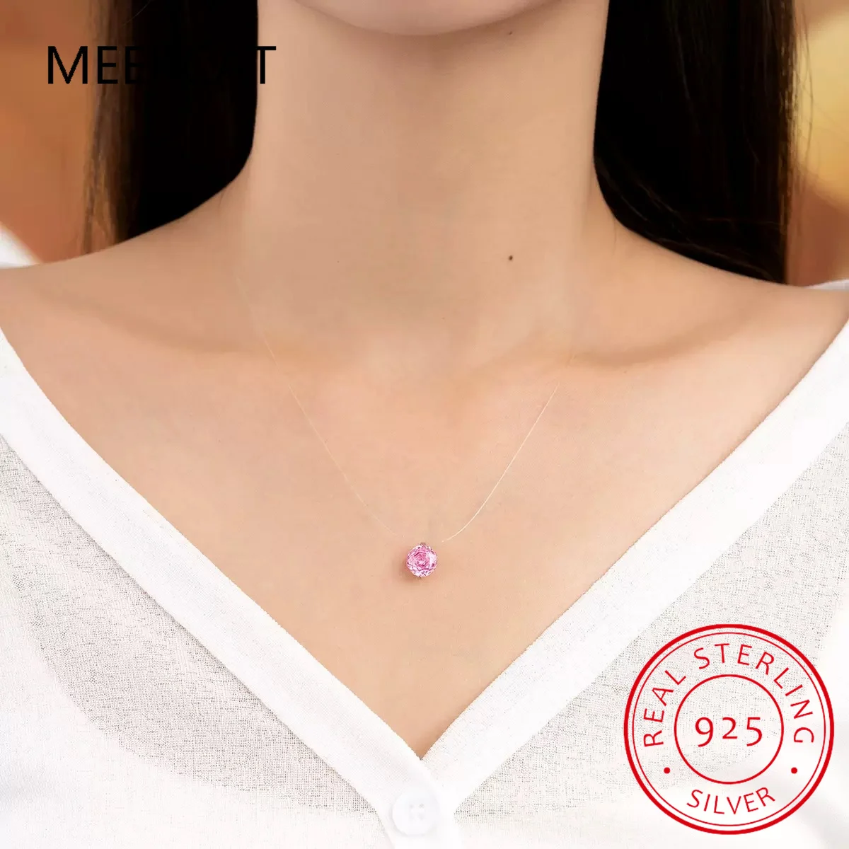 Real Moissanite Diamond Pink Octagonal Rose Cut Pendant Necklace 925 Sterling Silver Transparent Fishing Line Fine Jewelry Colar view 3