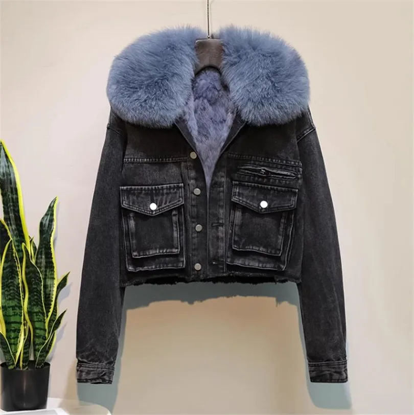 Retro patch pocket washed short denim jacket women autumn winter 2023 fashion fur liner parkas Female Outerwear Y4544