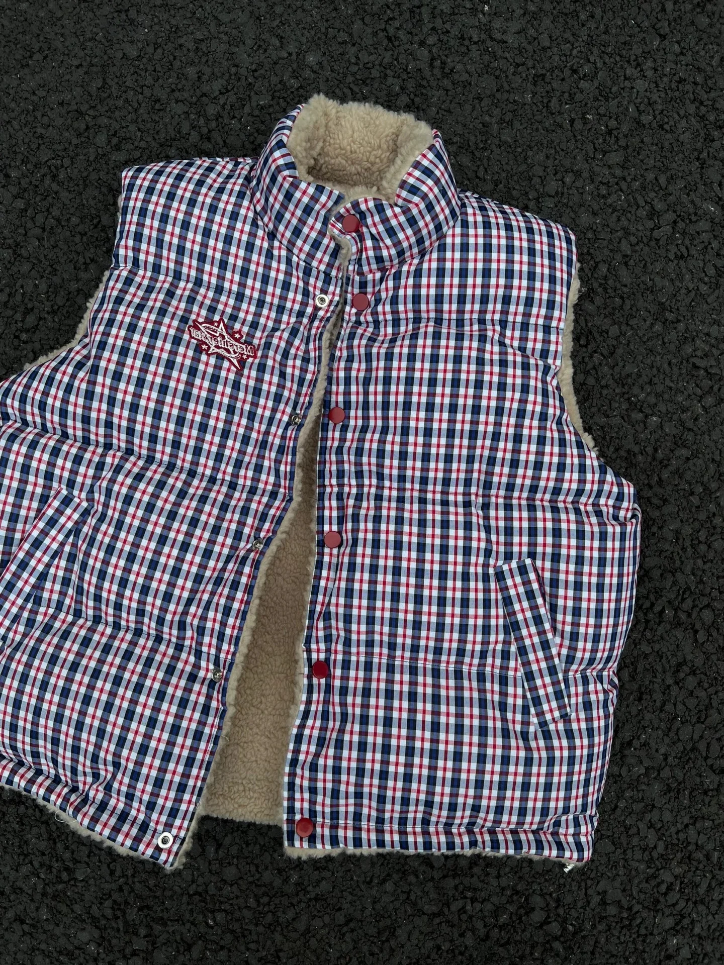 

Double-Sided Wear Retro Japanese Letter Embroidery Plaid Patchwork Vest Cotton Jaet College Sle Slimming Outerwear