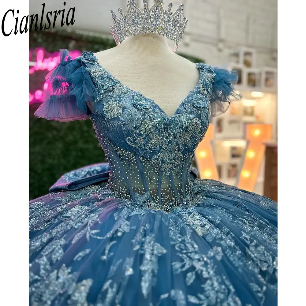 Perle blu Perline Fiocco Abiti stile Quinceanera Abito da ballo Glitter Cristallo Paillettes Corsetto personalizzato Abiti XV Anos