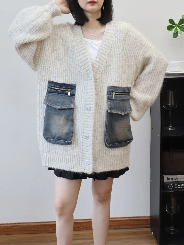 Herfst Winter Losse Truien Jas Vrouwen Nieuwe Gebreide Trui Vest Jas 2025, Vrouwelijke Retro Mode Denim Stiksels Uitloper