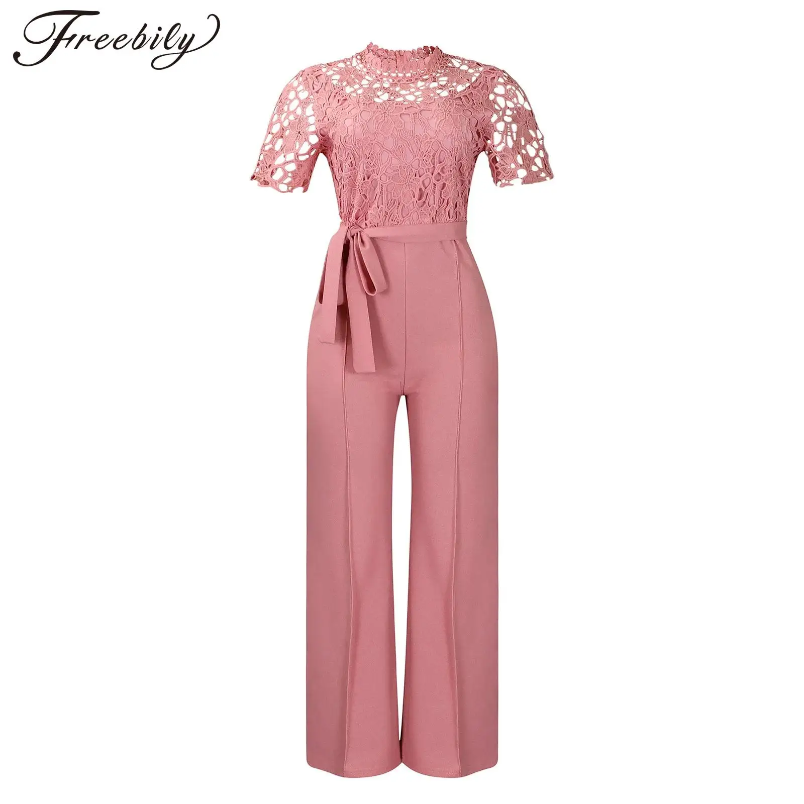 

Women's Jumpsuit Hot Solid Color Short Sleeves Elegant Lace Hollow High Waist Jumpsuits with Belt for OL Party Banquet Costumes
