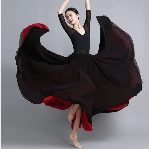 Mulheres 720 graus cor sólida saias longas dançarino prática usar saia estilo chinês com bainha grande flamenco chiffon dança saia