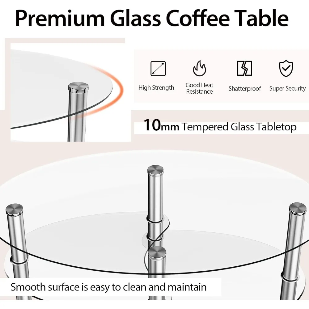 Glass Coffee Table, Modern Style Glass Shelves with Steel Legs for Living Room, Cocktail Tea Table