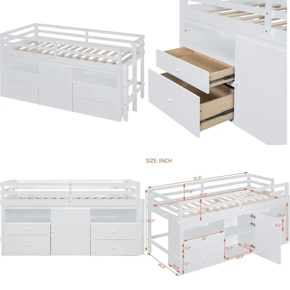 

Белая деревянная односпальная кровать для детей с 4 ящиками, местом для хранения под кроватью и полками, компактный дизайн