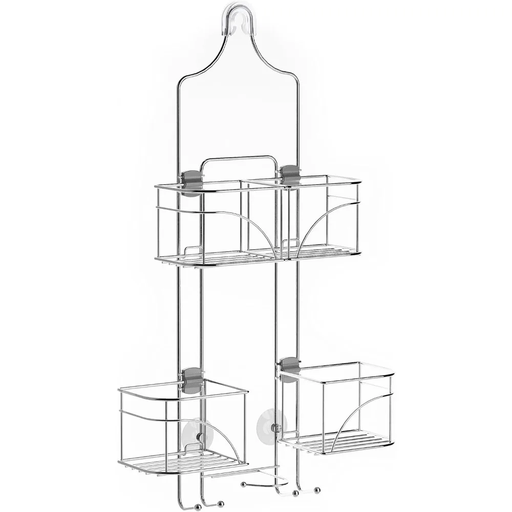 

Shower Caddy with 4 Sliding Baskets and Hooks, Chrome Steel Organizer for Handheld Shower Head Storage