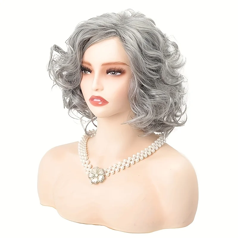 Stage Performance Gray Wig for Elderly Women, Synthetic Curly Gray Wig, Short Wig