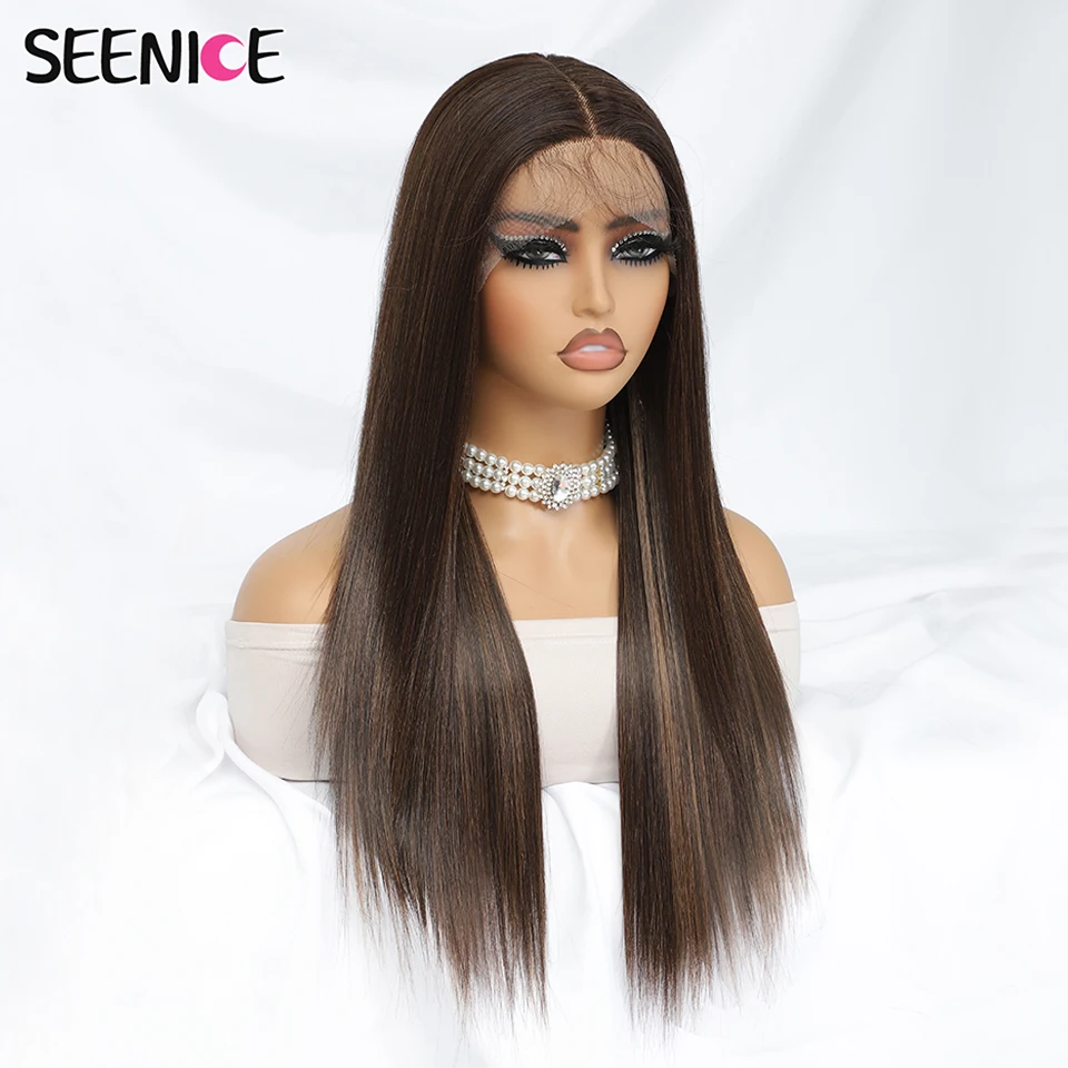 

24”T-Part Synthetic Straight Lace Front Wig 13x4.5x1.5 Lace Wigs Heat-resistant Fiber Ginger Blonde Highlight Wig With Baby Hair