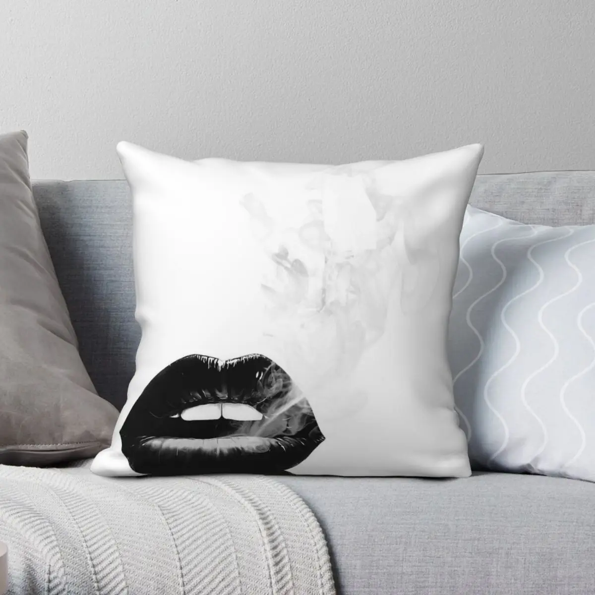 Black Lips White Smoke Square Pillowcase Polyester Linen Velvet Printed Zip Decor Bed Cushion Cover Wholesale