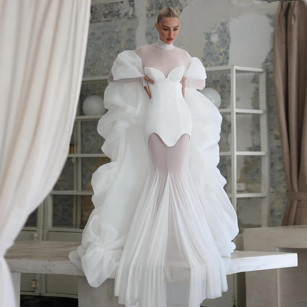 

Elegant White Mermaid Evening Dress High Neck Sheer Long Sleeves Ruffled Mesh Bridal Party Gown Custom Made Prom Party Gowns