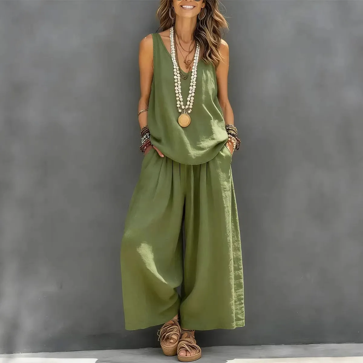 

2026 New Womens Fashion Casual Comfortable Solid Color Sleeveless Vest Wide Leg Pants Set Temperament Loose Two Piece Set Top