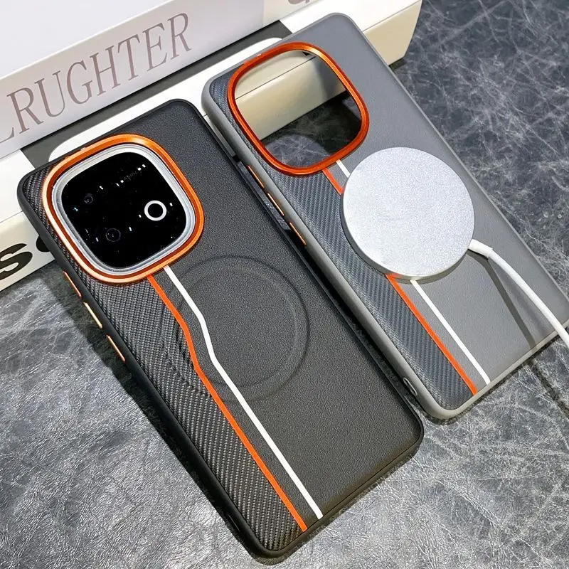 Funda personalizada para VIVO iQOO 15, de cuero de lujo con bloques de color, botones de lente metálicos naranjas, para Vivo Iqoo 15, parachoques a prueba de golpes, Fubda