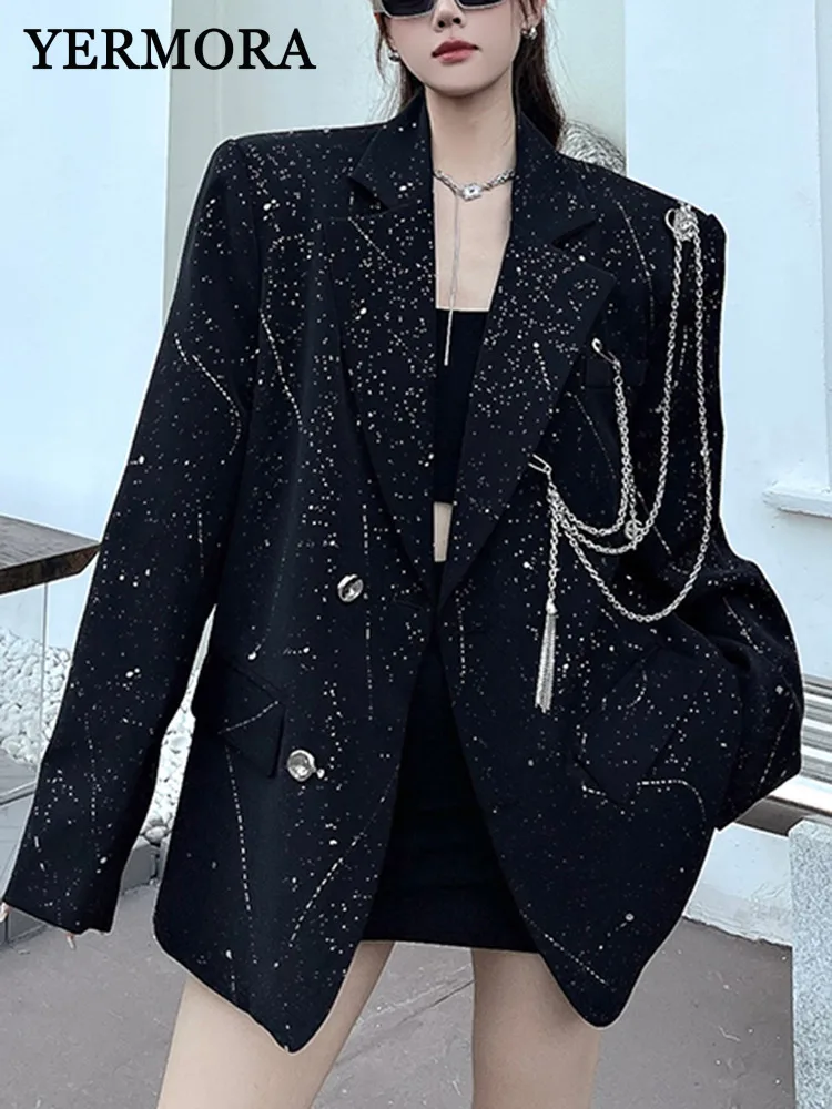 

YERMORA черный модный блейзер с металлической цепочкой для женщин, свободный новый повседневный блестящий пиджак с лацканами и длинными рукавами, весна-осень 2025