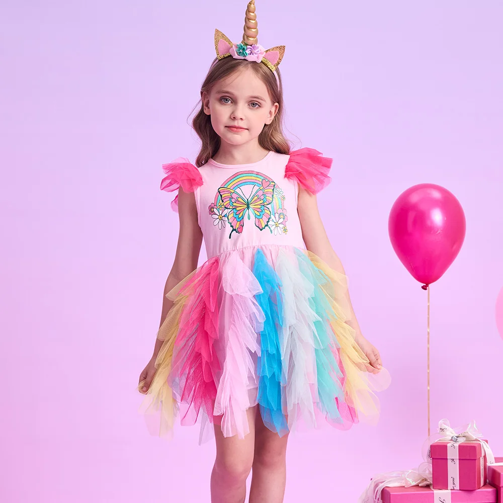 VIKITA Mädchen Bunte Regenbogen Flattern Ärmeln Sommer Kleid Kinder Schmetterling Blume Drucken Layered Tüll Mesh Prinzessin Tutu Vestidos – Detail 6