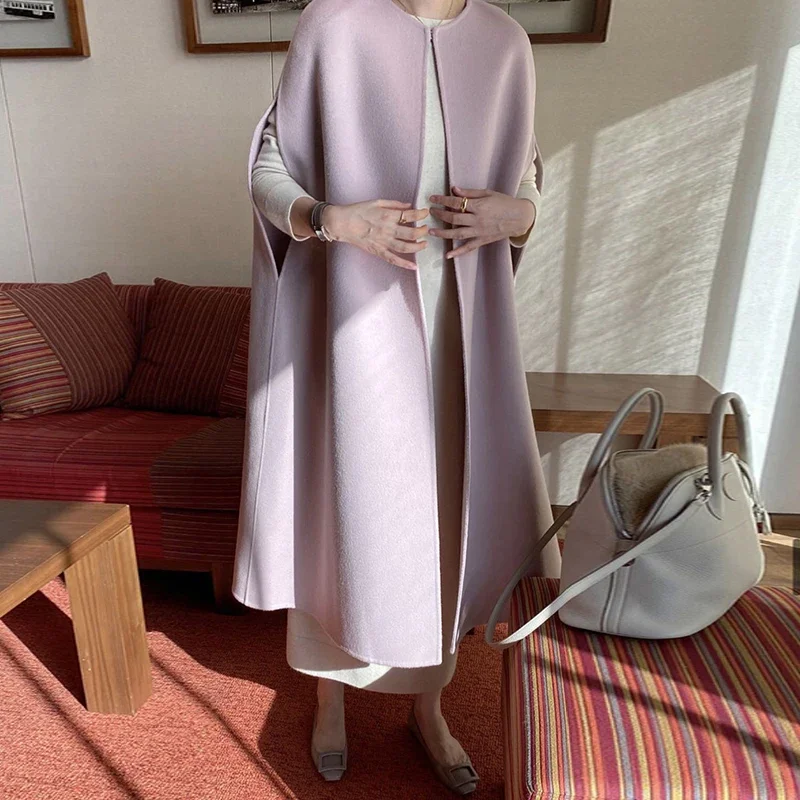 

Korean Chic Elegant Temperament Cloak-style Shawl Sleeveless Woolen Coat Loose Mid-length Woolen Coat Women Y2k Long Overcoat