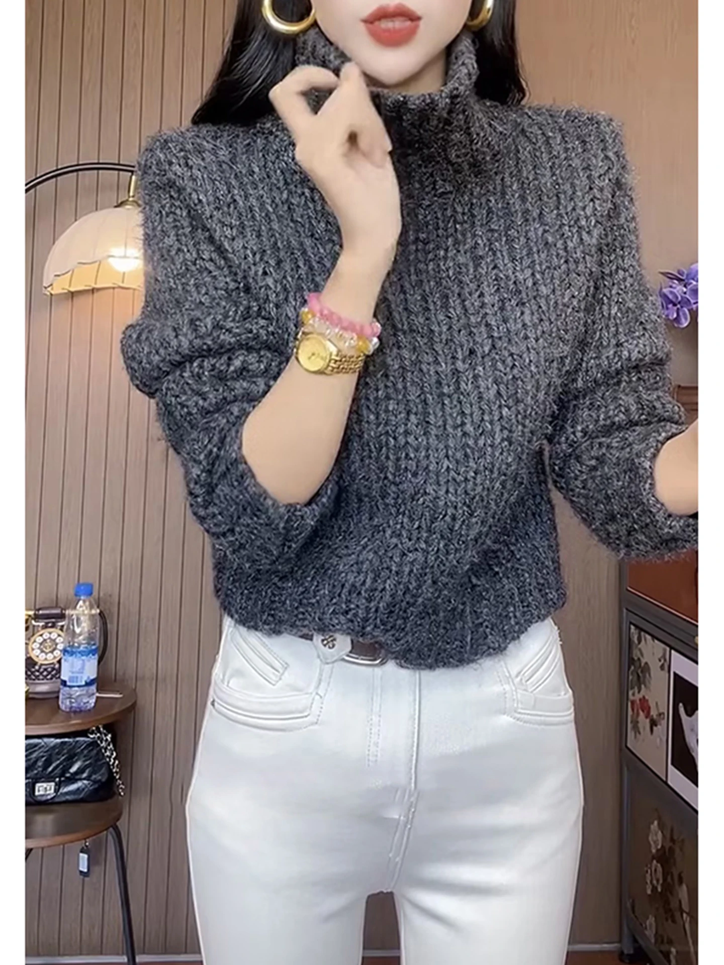 레트로 레이지 슬레 여성 니트 스웨터 루즈핏 따뜻한 겨울 패셔너블 심플 퍼스널리 통근 니트웨어