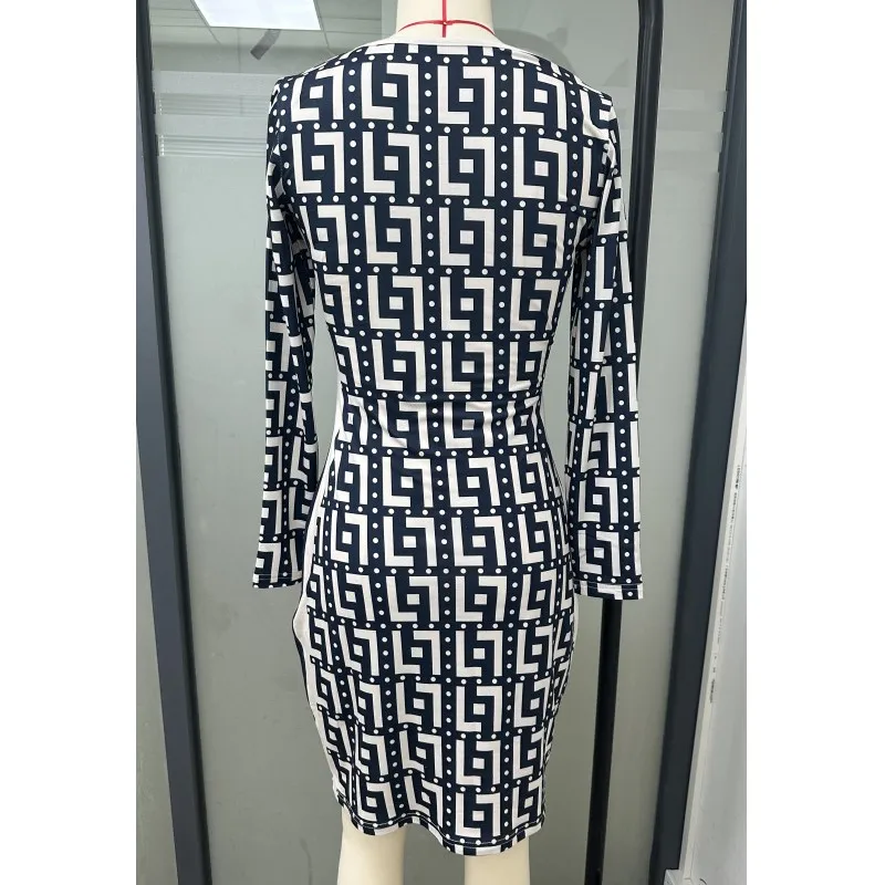 Print Skinny Dress For Women 2024 Spring Patchwor Sexy V-Neck Package hip Bodycon Party Mini Dresses Casual Long Sleeve Vestidos