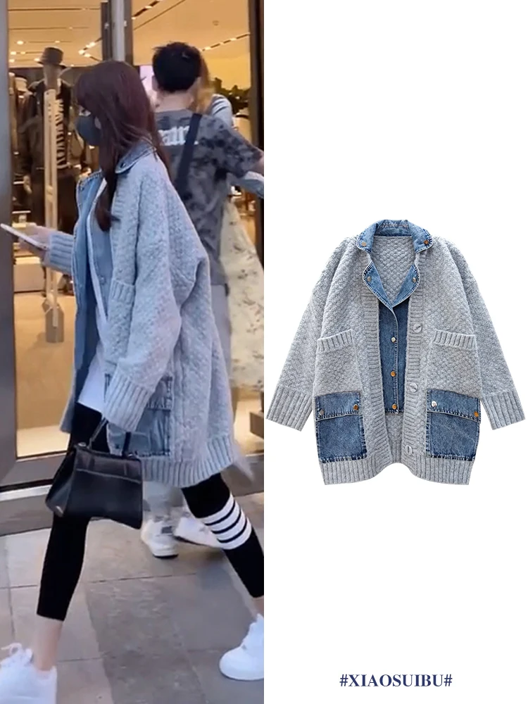 

Faionable Casual Patchwork Denim Knitted Jaet Women's Loose Batwing Sve Open Cardigan Winter Top Trendy Commute Sle