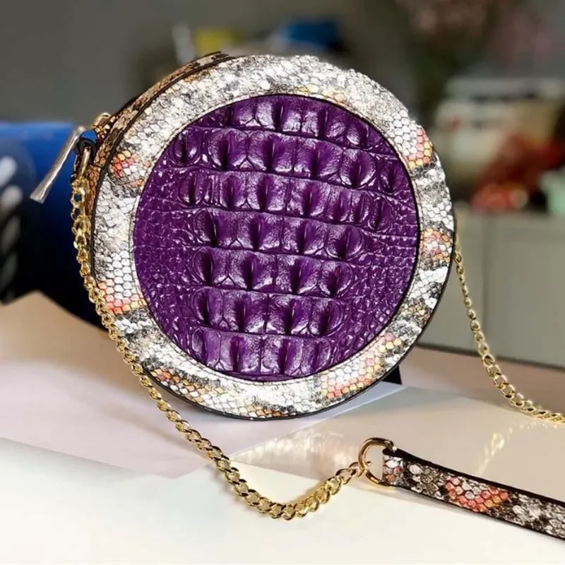 

ouruili Summer new crocodile leather female bag solid color chain diamond women circular bag