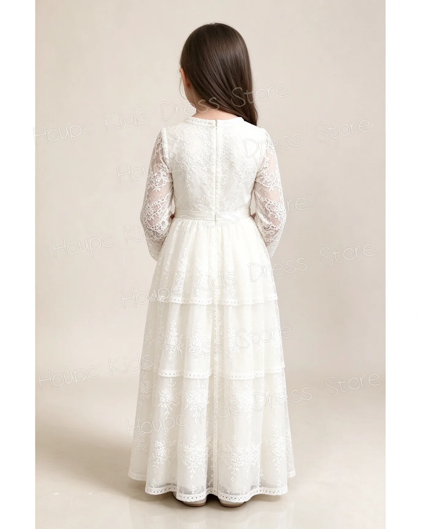 Girls' White Lace Flower Girl Dress Long Sleeve High Neck Children's Multi-layer Ruffles A-line Long Dress Formal Attire for