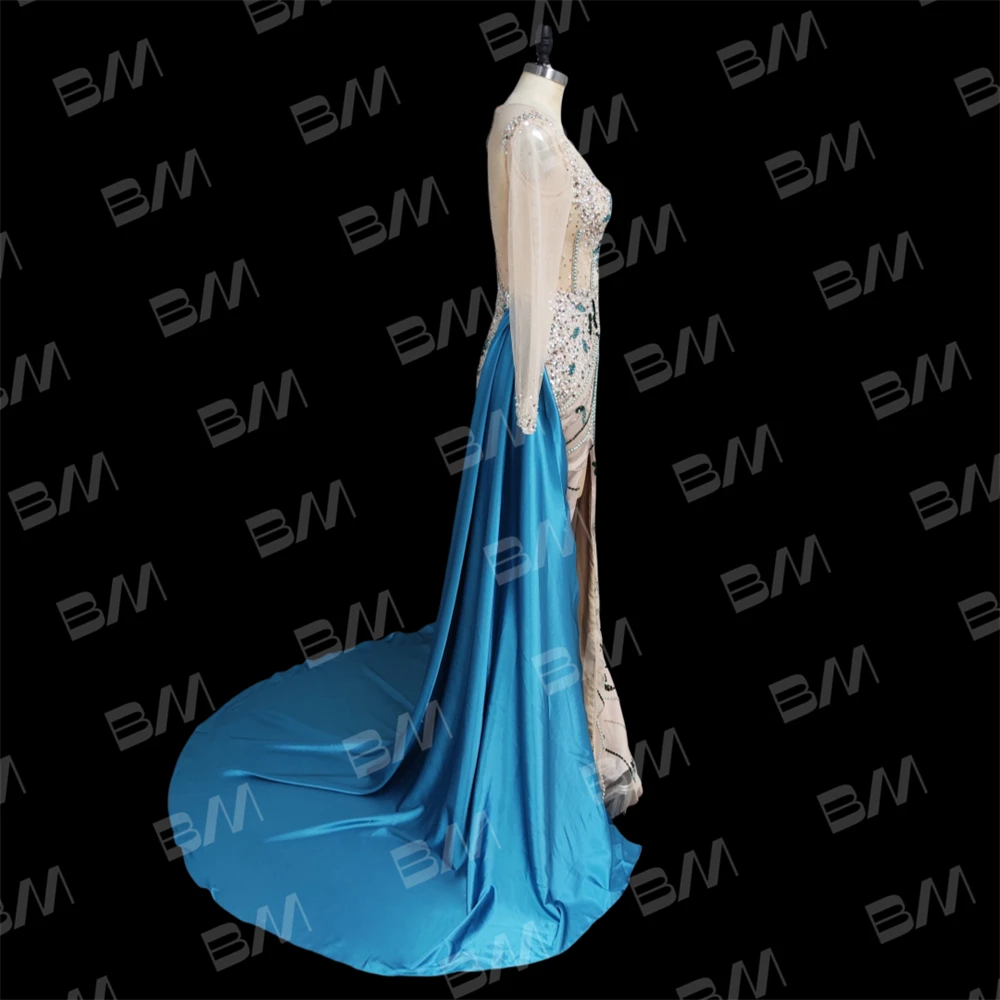 Delicate Beaded Prom Dresses with Pearls Tassel and Satin Side Tail, Long Sleeves Sheer Women's Evening Dress Party Gown