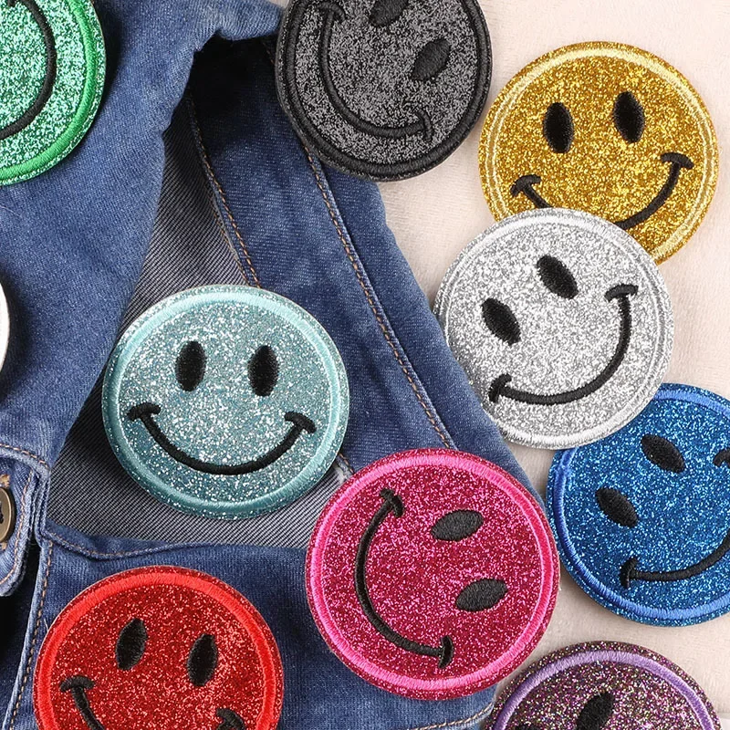 FZdiy Cartoon Smiling Face Patches for Clothing Stick on Embroidered Patches Self-adhesive Glue Patch on Clothes Sewing Applique