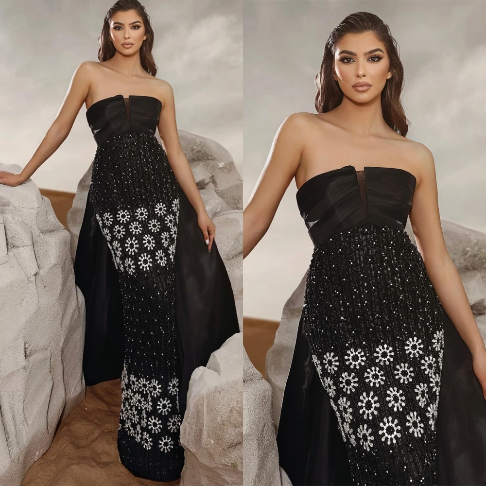 

Customized Exquisite Strapless Satin Evening Dress Classic Mermaid Prom Dresses Luxury Crystal Sequined Special Occasion Gowns