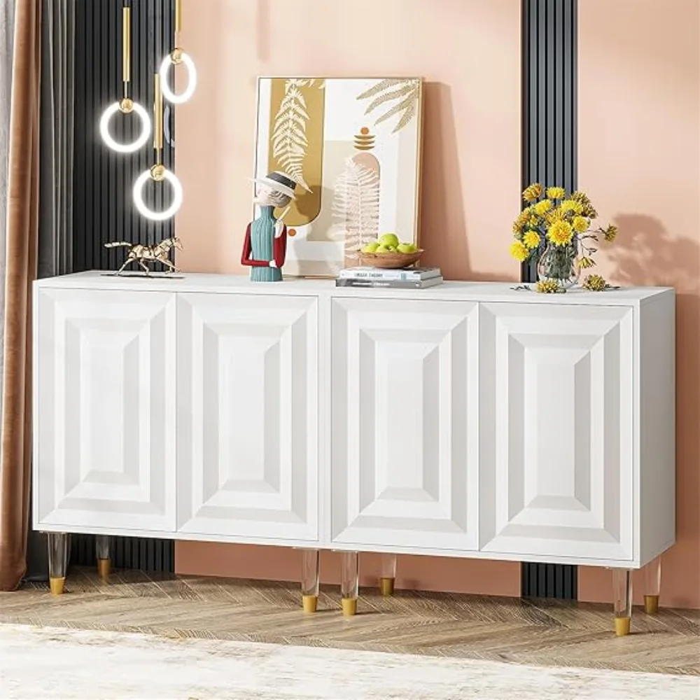 Aparador Buffet, mueble decorativo de cocina moderno de 63 pulgadas con 4 puertas y estantes de almacenamiento, mueble de barra consola