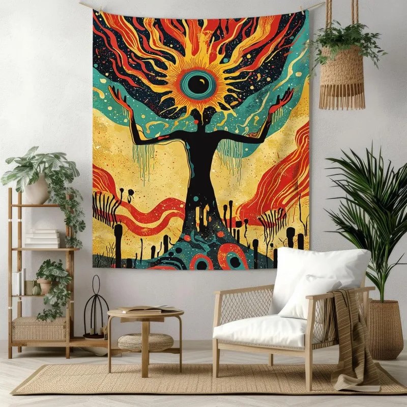 VIKAMA Psychedelic Sun Goddess Tapestry Wall Hanging Boho Radiant Spirit Figure Orange Red Aesthetic Wall Art Bedroom Decor
