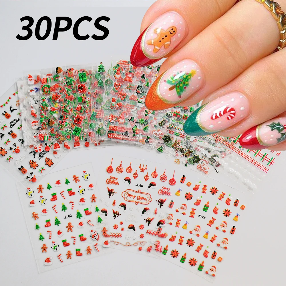 

30Pcs Christmas Glitter Powder Nail Stickers Elk Snowflake Snowman Winter Xmas Glitter Decals Sticker Manicure Slider Decoration