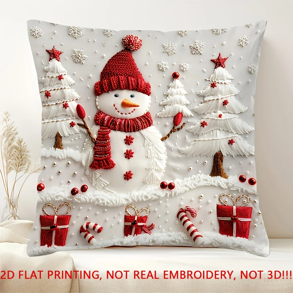 2D Flat Print, Non-Real Embroidery Christmas Snowman and Christmas Tree Hug Design Pillowcase, Polyester Printed Pillow Cover