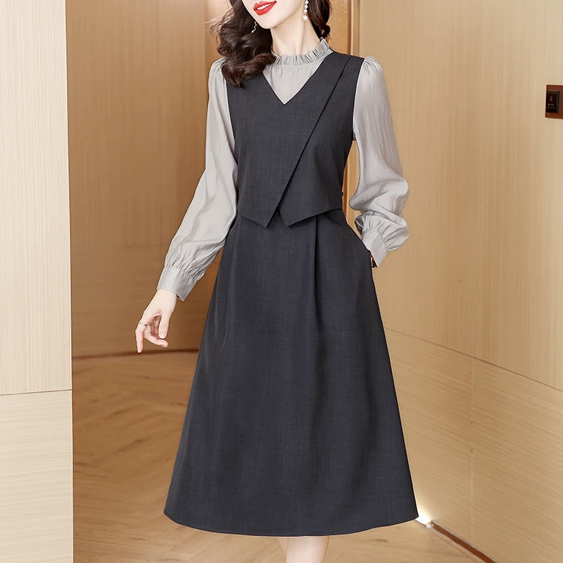 

Fashion Patchowrk Fake Two Piece Female's Clothing Autun Winter Long Sleeve Chic Ruffled Collar Dress Korean Elegant Dress