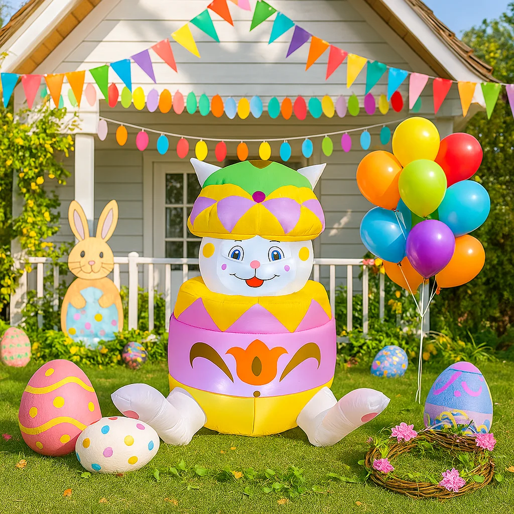 5FT Easter Festive Inflatable Bunny with Egg Decor LED Lights Airblown Holiday Party Garden Rabbit Yard Easter Decorations Props