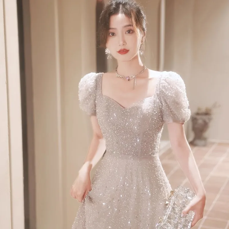 2025 Spring and Summer New Women's Square Neck Summer French Evening Dress Fashionable Slimming Glitter Luxury Banquet Dress