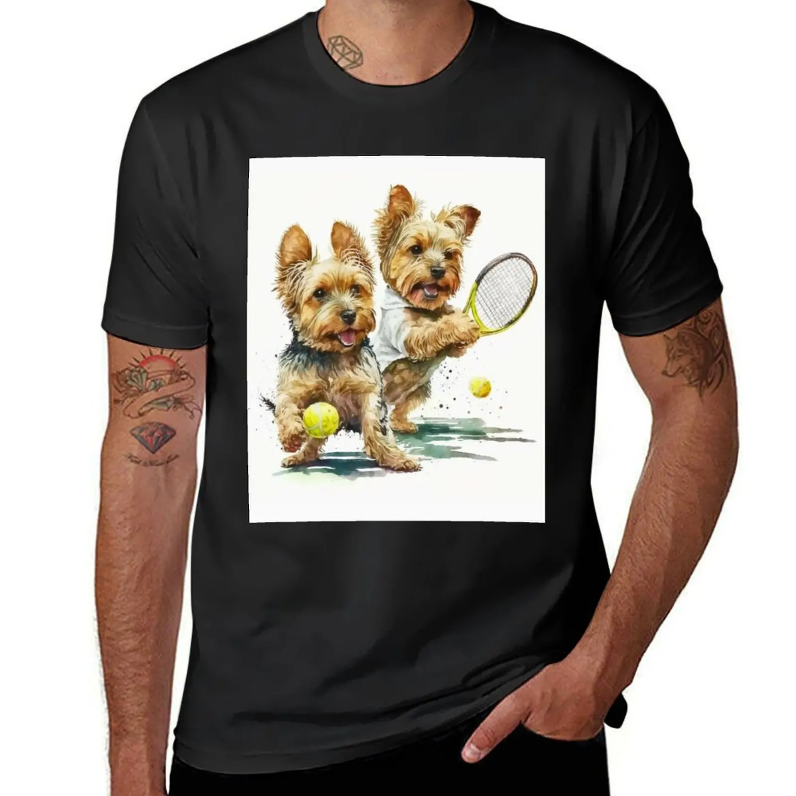 

Yorkshire Terrier Dogs Playing Tennis in Wagging Wonders T-Shirt affliction shirts quick-drying luxury clothes men