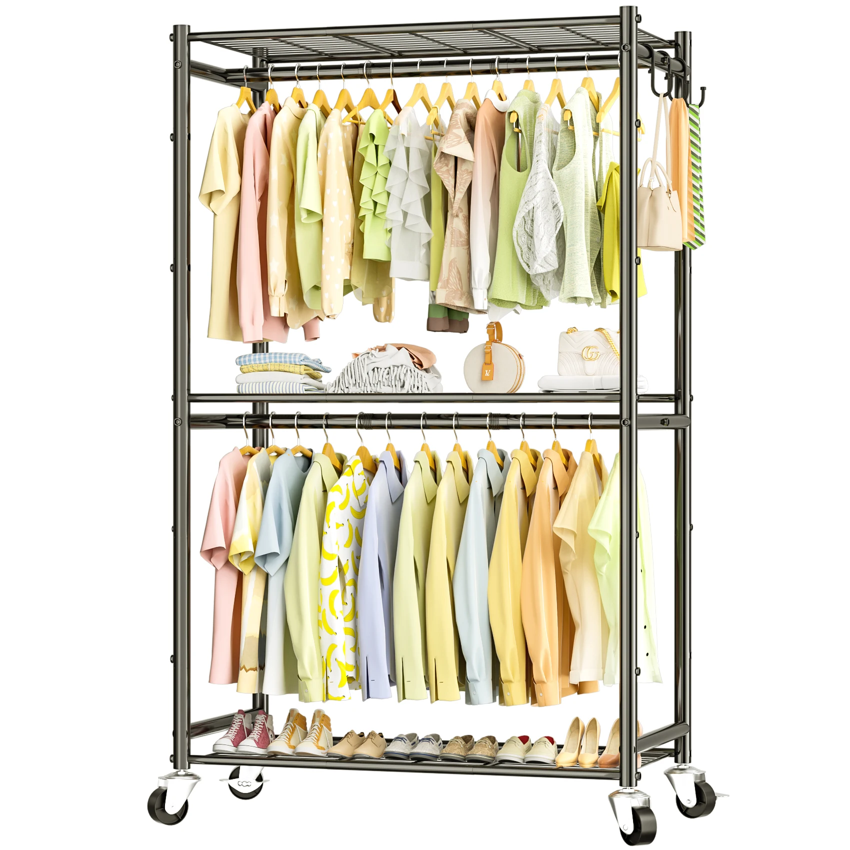 Rolling Clothes Rack for Hanging Clothes, Metal Clothing Garment Rack with Double Rods & 3 Wire Shelves, Portable closet