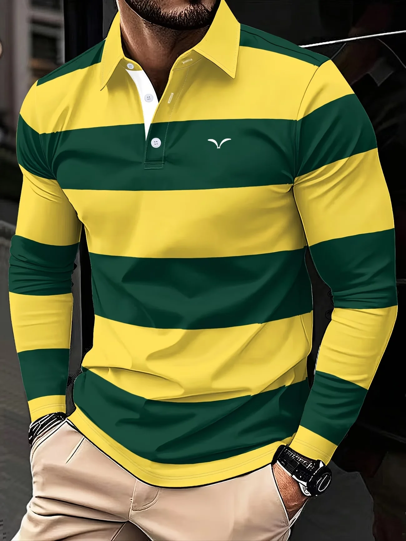 Herren-Poloshirt mit langen Ärmeln und Knöpfen, geeignet für den Alltag und Freizeitanzüge - mit Aufdruck