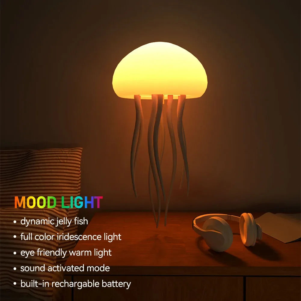 Jellyfish Night Light RGB Gradient Cute Jellyfish Voice Control Type-C Charging LED Night Lamp Touch Sensor Kids Christmas Gift