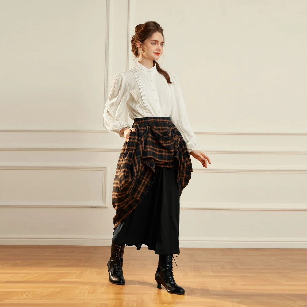 Women Vintage Elegant Plaided Skirt Pleated On Sides Panel Skirt Elastic Waist Flared A-Line Swing Contrasting Color Skirt