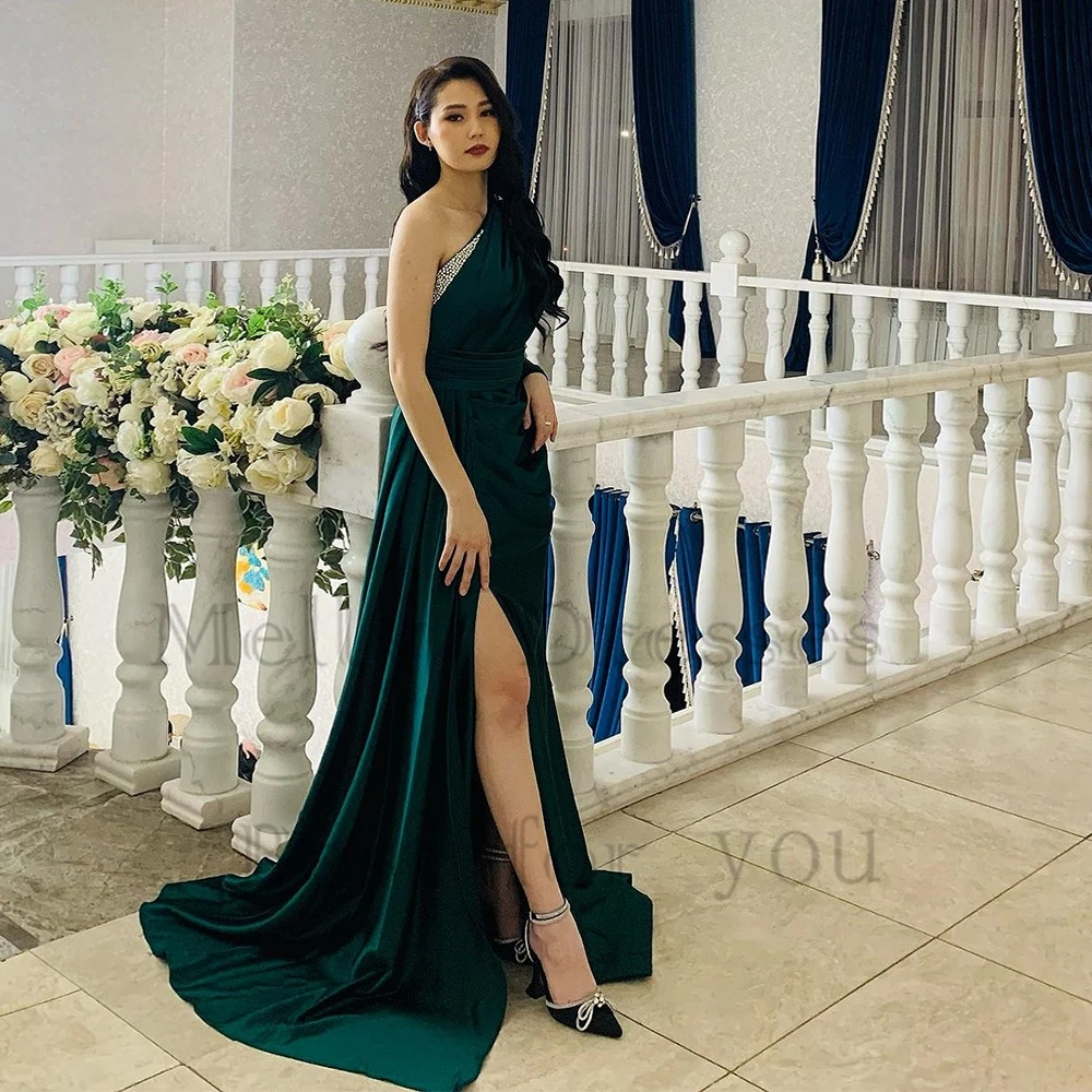 

Side Slit Green Muslin Evening Dresses for Women Sleeveless Court Train Prom Gowns Satin Robe De Soirée 2024 Summer New