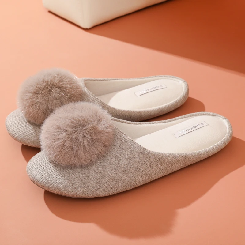 Eyriphy Women Pom Pom Bedroom Slippers Fashion Cute Memory Foam Slides Female Indoor Soft Flat Slippers Cozy Casual Home Shoes