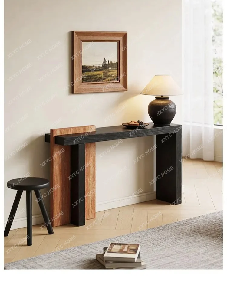Medieval style natural console table, wall-walled corridor aisle, solid wood entrance table