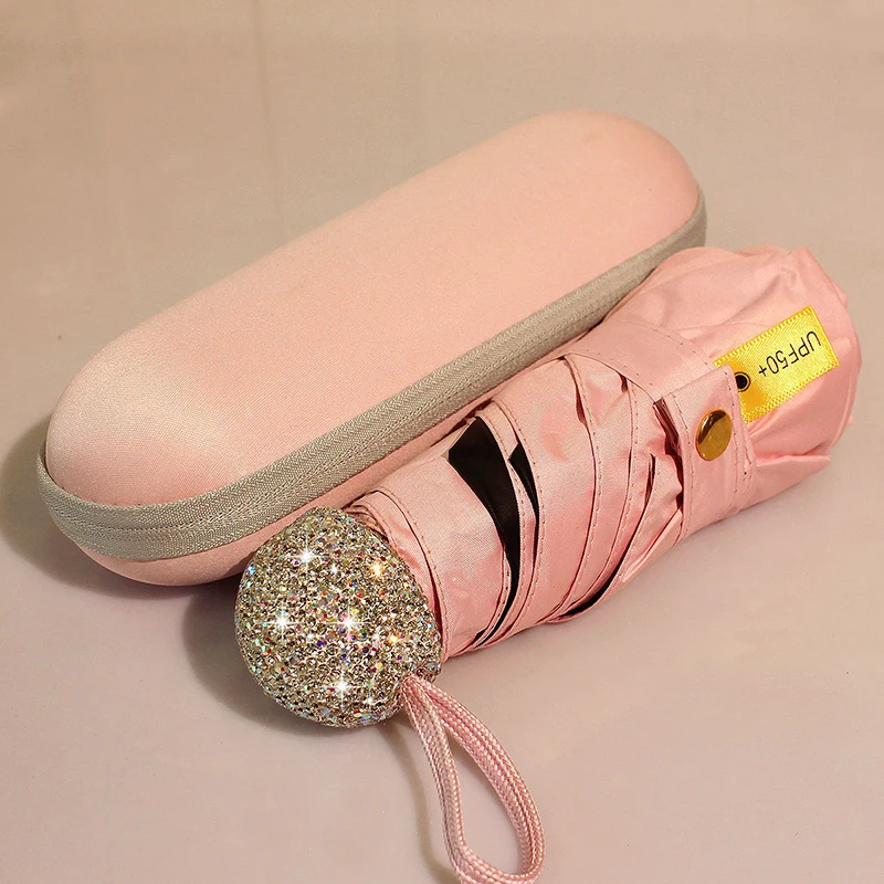 مظلة صغيرة فاخرة من حجر الراين الماسي مكونة من 5 أضعاف للنساء مقاومة للرياح وواقية من الشمس ومظلة محمولة للسفر وخفيفة الوزن