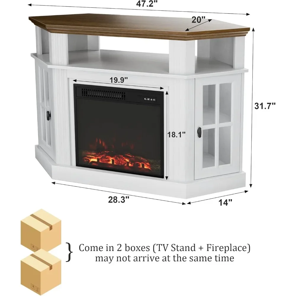 Угловая подставка для камина для телевизоров с диагональю до 55 дюймов, центр развлекательного использования с каменом 18 дюймов, консольный столик для телевизора со стеклянной дверью для хранения вещей