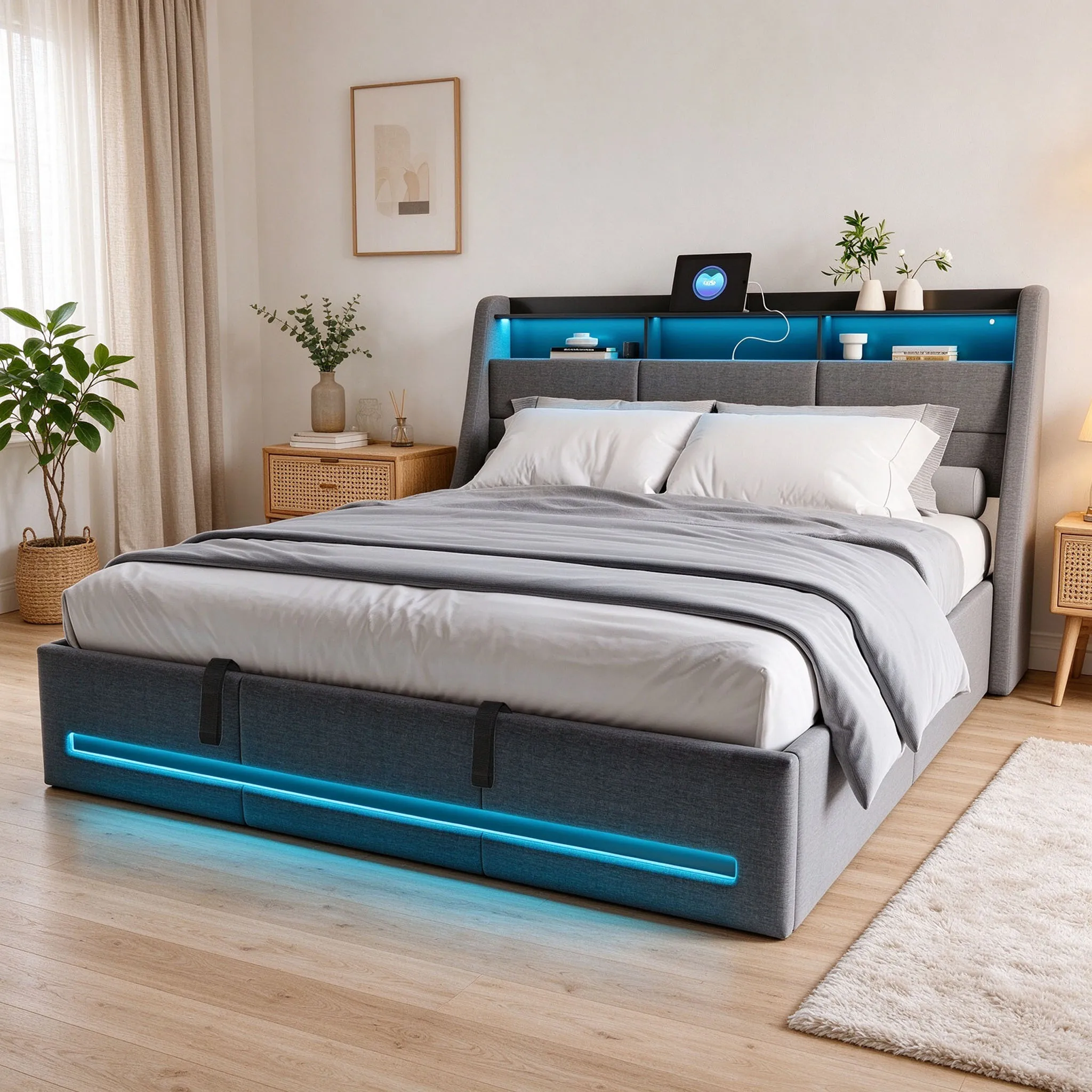 Letto imbottito grigio con contenitore, 160x200 cm, struttura letto con piattaforma a sollevamento idraulico e ampio spazio contenitivo sotto il letto, testiera imbottita con ali, ideale per arredare