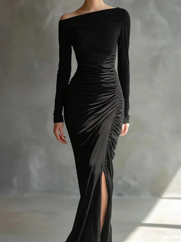 Elegante dame hoge taille split banketjurk temperament slanke jurk met lange mouwen stijlvolle schuine kraag effen ruches avondjurk