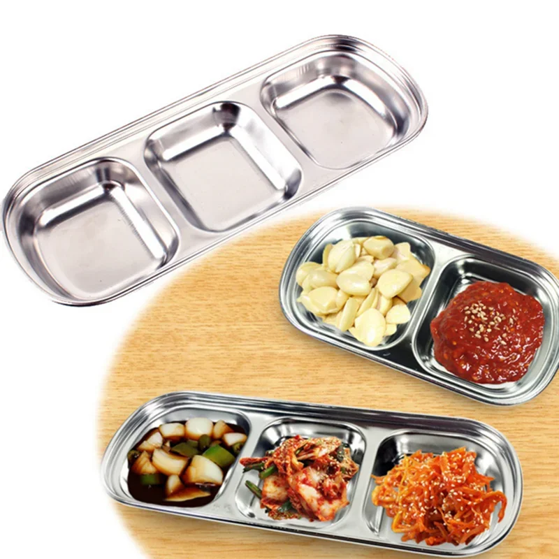 

Stainless Steel 3 Lattice Herbal Soy Sauce Vinegar Sauce Dish Snack Plate Divided Serving Dish Plate Tray Home Kitchen Tableware